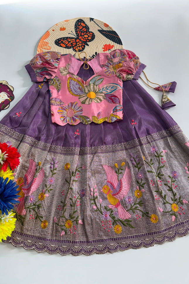 ss437 tissue kids  bird lehenga