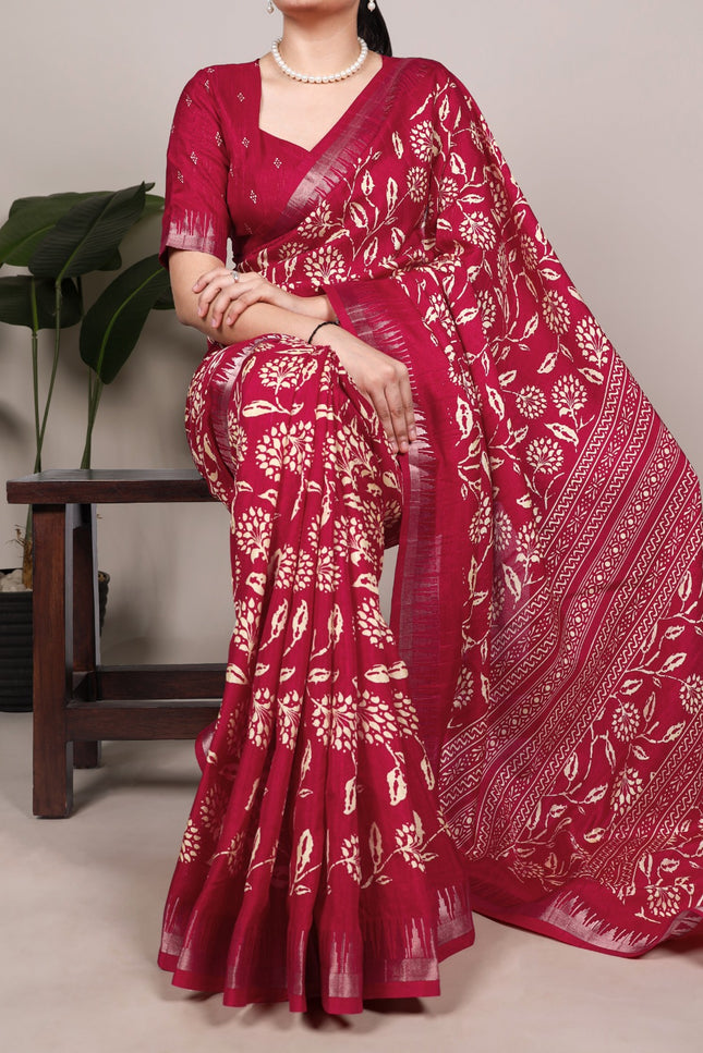 Slub silk Beautiful printed saree SS859