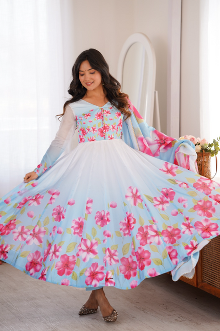 Timeless And Classic Blue Floral Organza Anarkali SS541