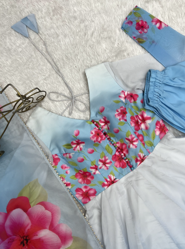Timeless And Classic Blue Floral Organza Anarkali SS541