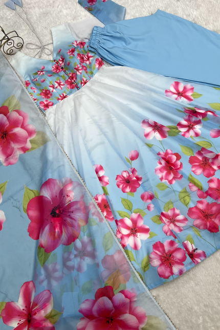 Timeless And Classic Blue Floral Organza Anarkali SS541
