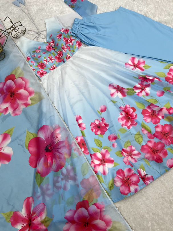 Timeless And Classic Blue Floral Organza Anarkali SS541