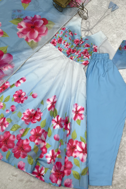 Timeless And Classic Blue Floral Organza Anarkali SS541