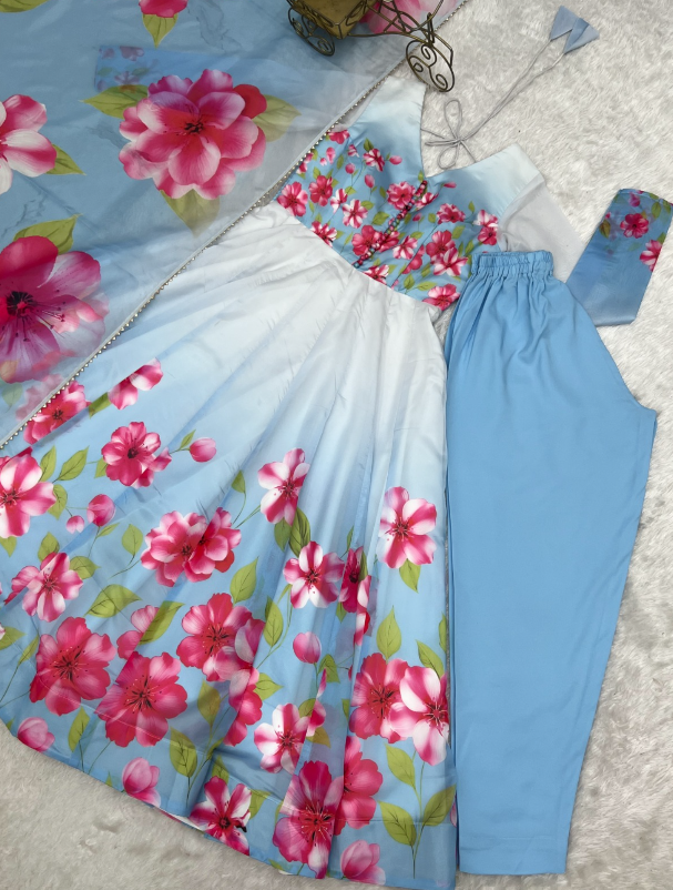 Timeless And Classic Blue Floral Organza Anarkali SS541