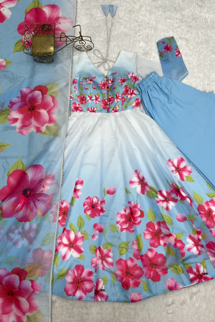 Timeless And Classic Blue Floral Organza Anarkali SS541