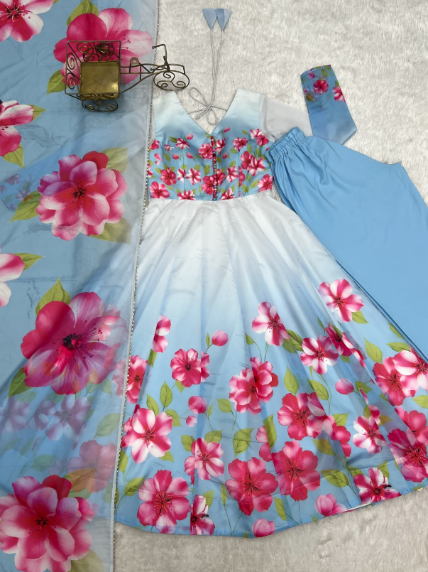 Timeless And Classic Blue Floral Organza Anarkali SS541