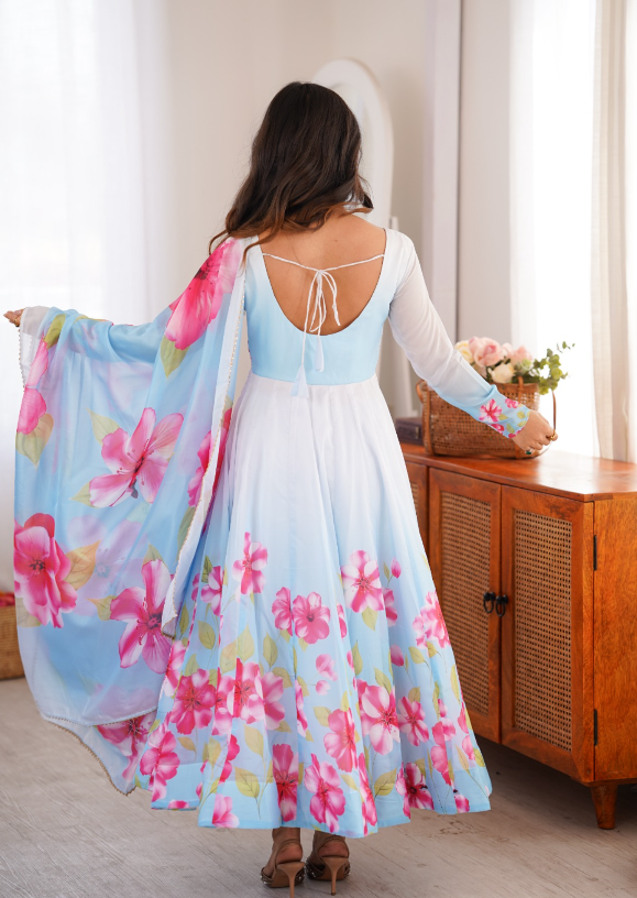 Timeless And Classic Blue Floral Organza Anarkali SS541