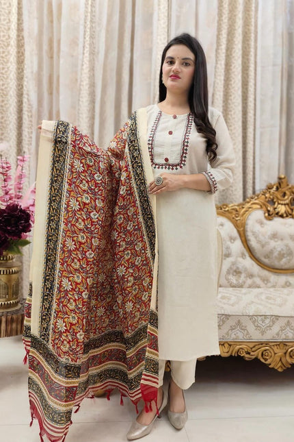 Khadi Cotton  Kurti Pent Dupatta Set SS547