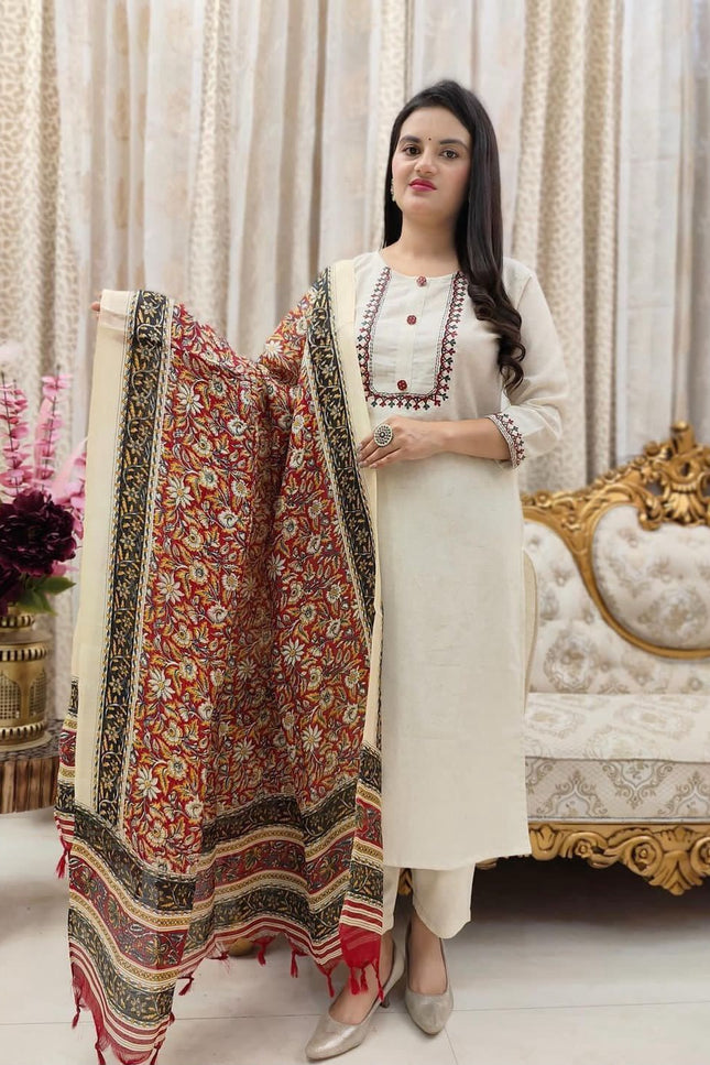 Khadi Cotton  Kurti Pent Dupatta Set SS548