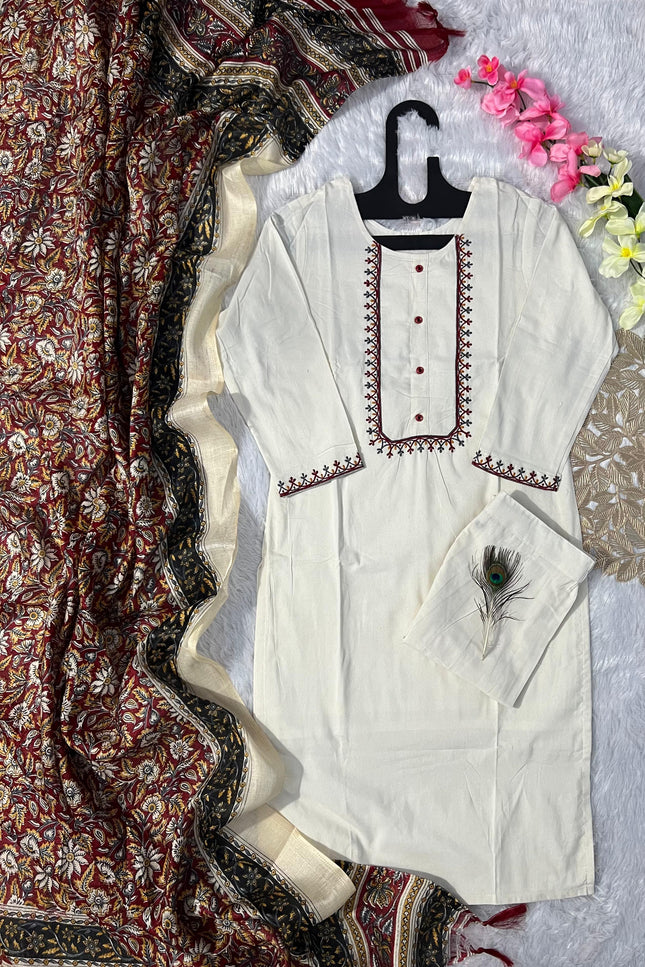 Khadi Cotton  Kurti Pent Dupatta Set SS548