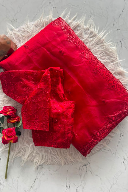 Pure Tissue Orgenza Cherry Red Saree SS748