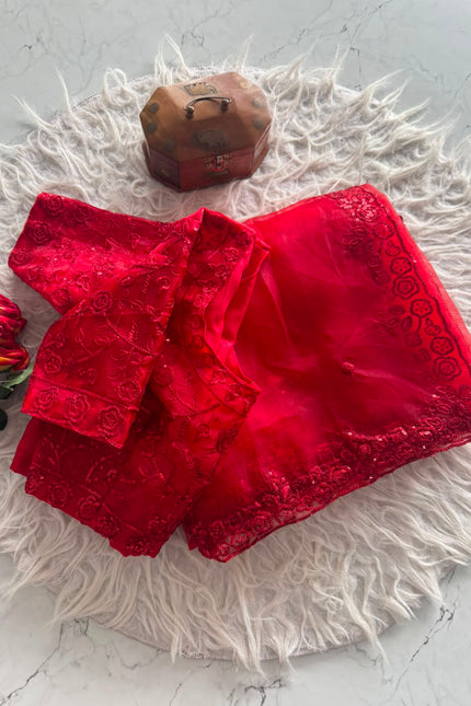 Pure Tissue Orgenza Cherry Red Saree SS748