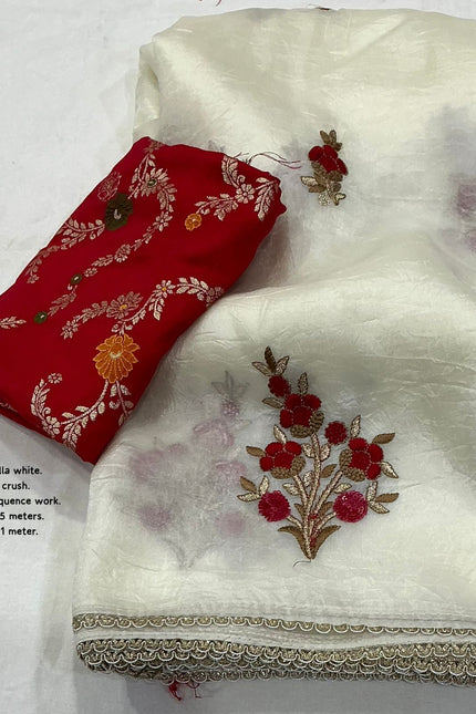 Soft paper crush vanilla white saree SS746