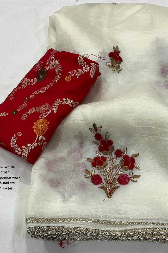 Soft paper crush vanilla white saree SS746