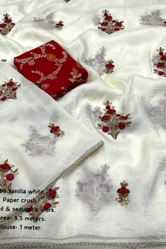 Soft paper crush vanilla white saree SS746
