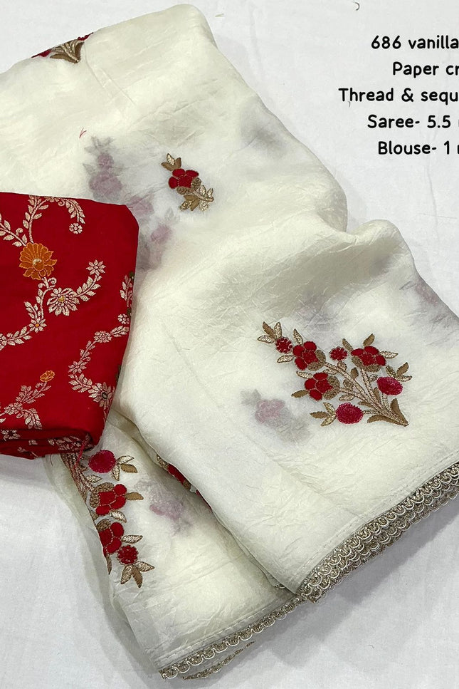 Soft paper crush vanilla white saree SS746