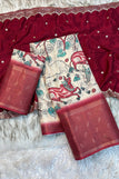 unstitched lehanga set / white & maroon cow