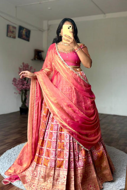A gorgeous Peach Bandhej Half Saree SS934