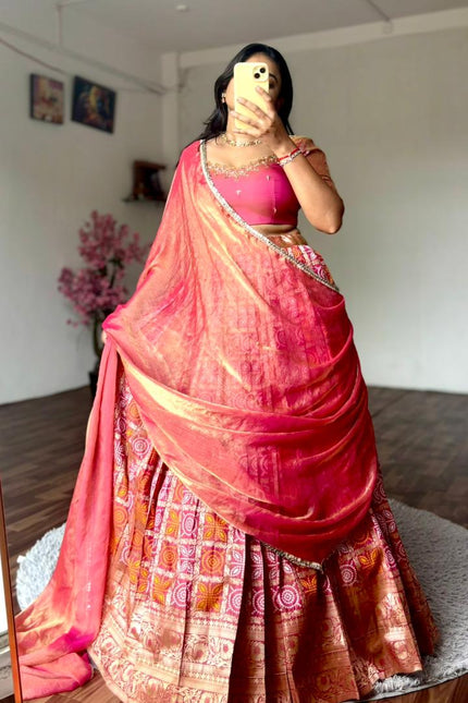 A gorgeous Peach Bandhej Half Saree SS934