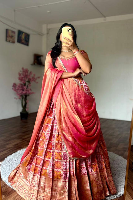 A gorgeous Peach Bandhej Half Saree SS934