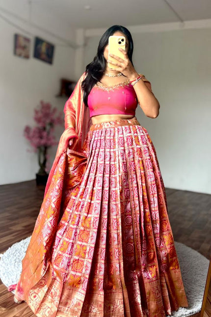 A gorgeous Peach Bandhej Half Saree SS934