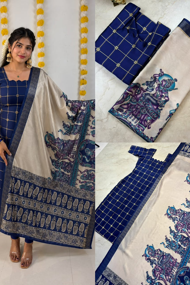 Traditional Checked Kurti & Kalamkari Dupatta SS989