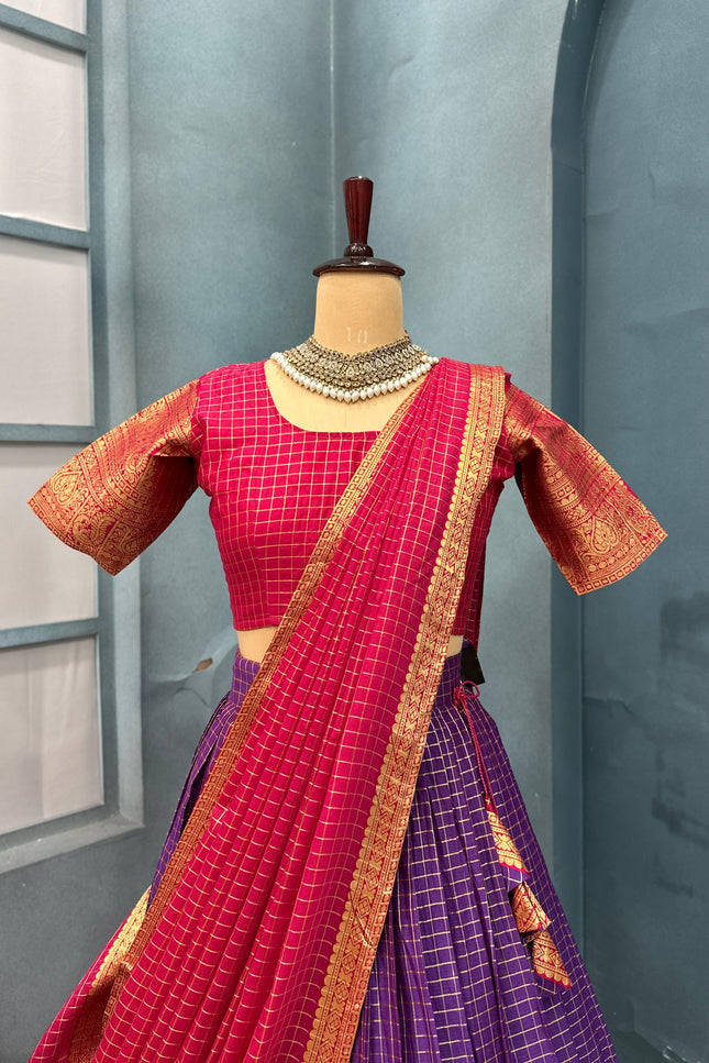 PURE KANCHI COTTON CHECKS  TRADITIONAL LEHANGA SS817