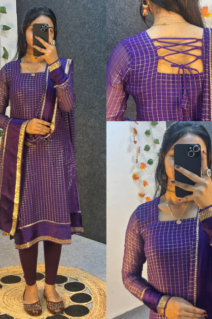 SS1020 Pure viscose Georgette checks with Satin border* *kurti with dupatta*✨