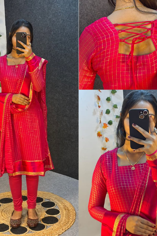 SS1020 Pure viscose Georgette checks with Satin border* *kurti with dupatta*✨