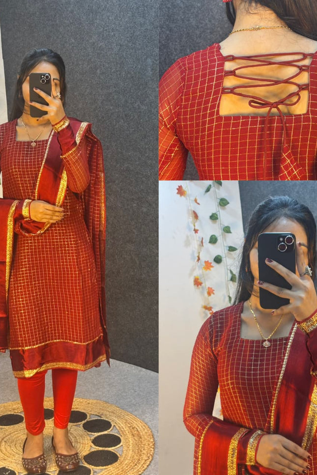 SS1020 Pure viscose Georgette checks with Satin border* *kurti with dupatta*✨