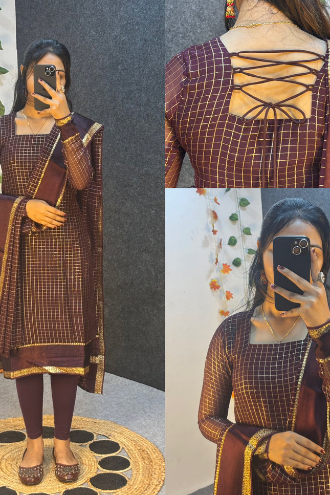 SS1020 Pure viscose Georgette checks with Satin border* *kurti with dupatta*✨